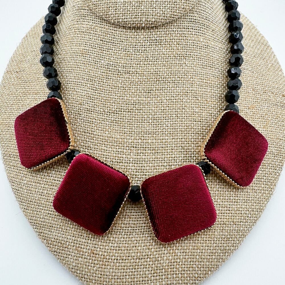 Vintage Japanese Velvet Square Faceted Beaded Necklace Geometric Fuzzy Delicate